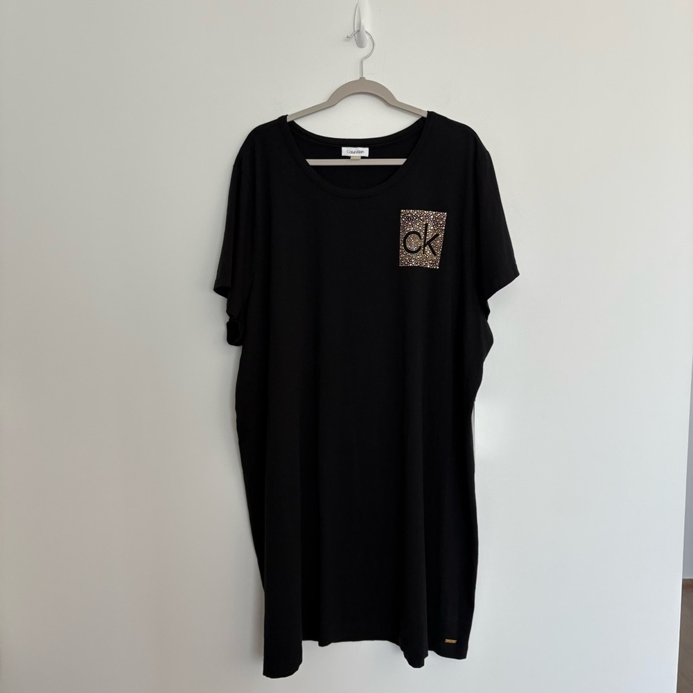 Calvin Klein Womens Black Shirt Dress Gold Rhinestone Accents Cotton Spandex